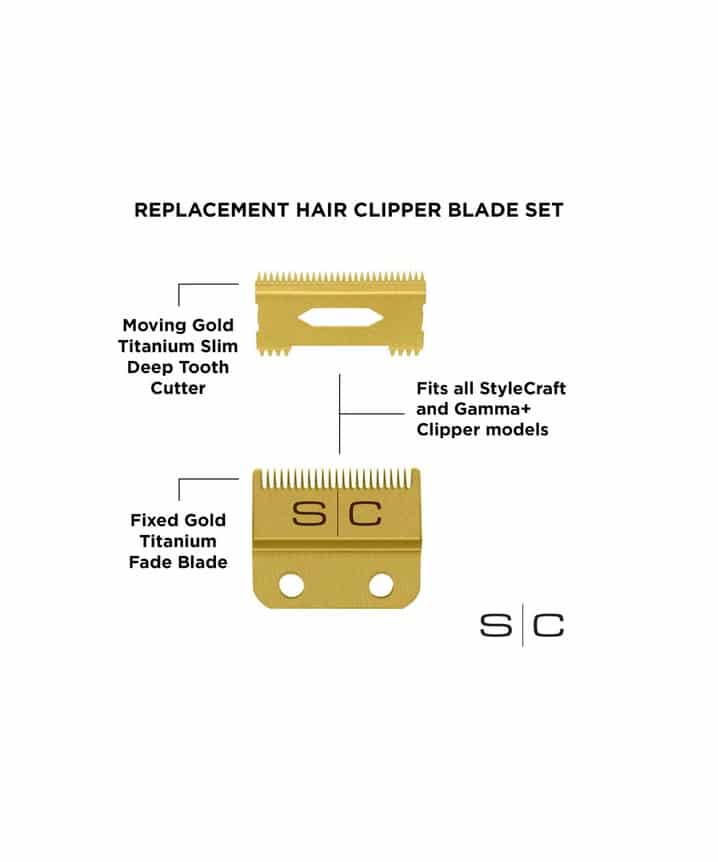 Stylecraft Fixed Gold Titanium Fade Hair Clipper Blade with Moving Gold Titanium Slim Deep Tooth Cutter Set - Image 3